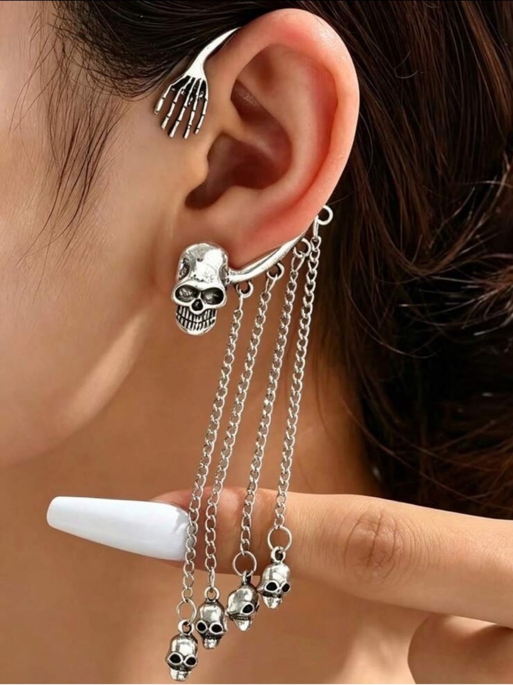 Silver Skull Chain Ear Cuff with Tassel Skulls